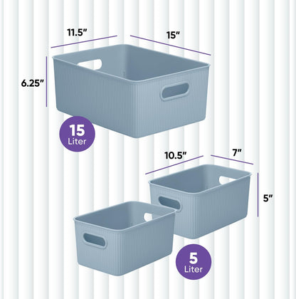 Superio Ribbed Collection Decorative Plastic Open Storage Bins, Blue (Set of 3), 1 Large, 2 Medium for Organizing