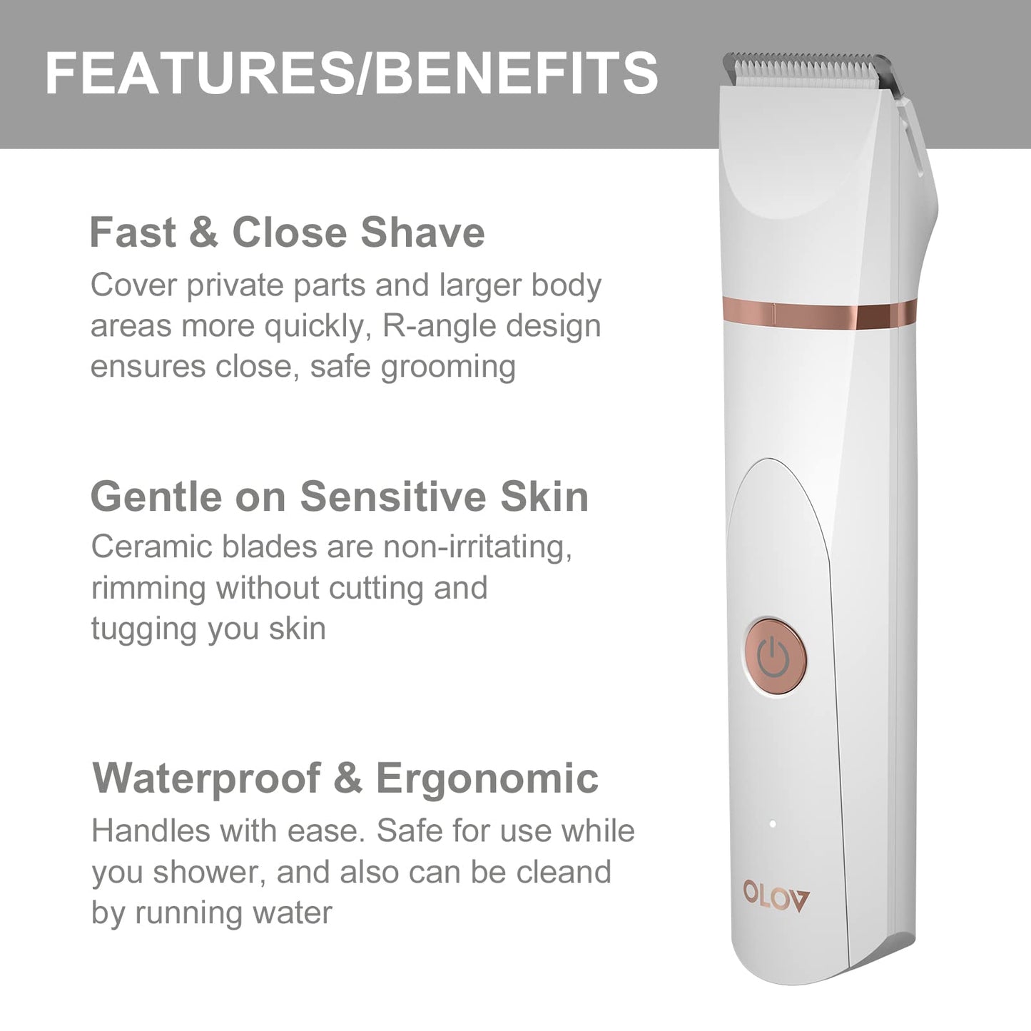 OLOV Electric Body Hair Trimmer - Groin Trimmer for Men - Bikini Trimmer Women - Wet/Dry Shaver Groomer, Replaceable Ceramic Blade Heads, USB Recharge Dock, Waterproof Hygiene Razor,Black