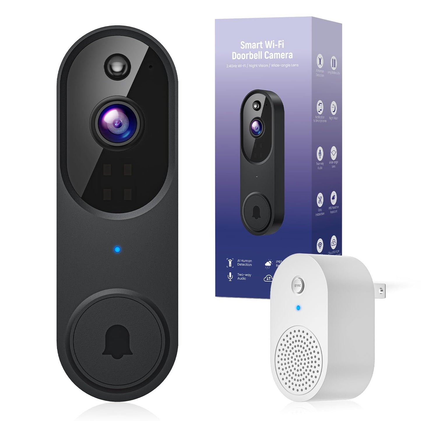 1080p Video Doorbell Camera Wireless with Chime, AI Human Detection, 2-Way Audio, FHD Live View, Wire-Free, Night Vision, Cloud Storage, Battery Powered, Indoor Outdoor Surveillance (Black)