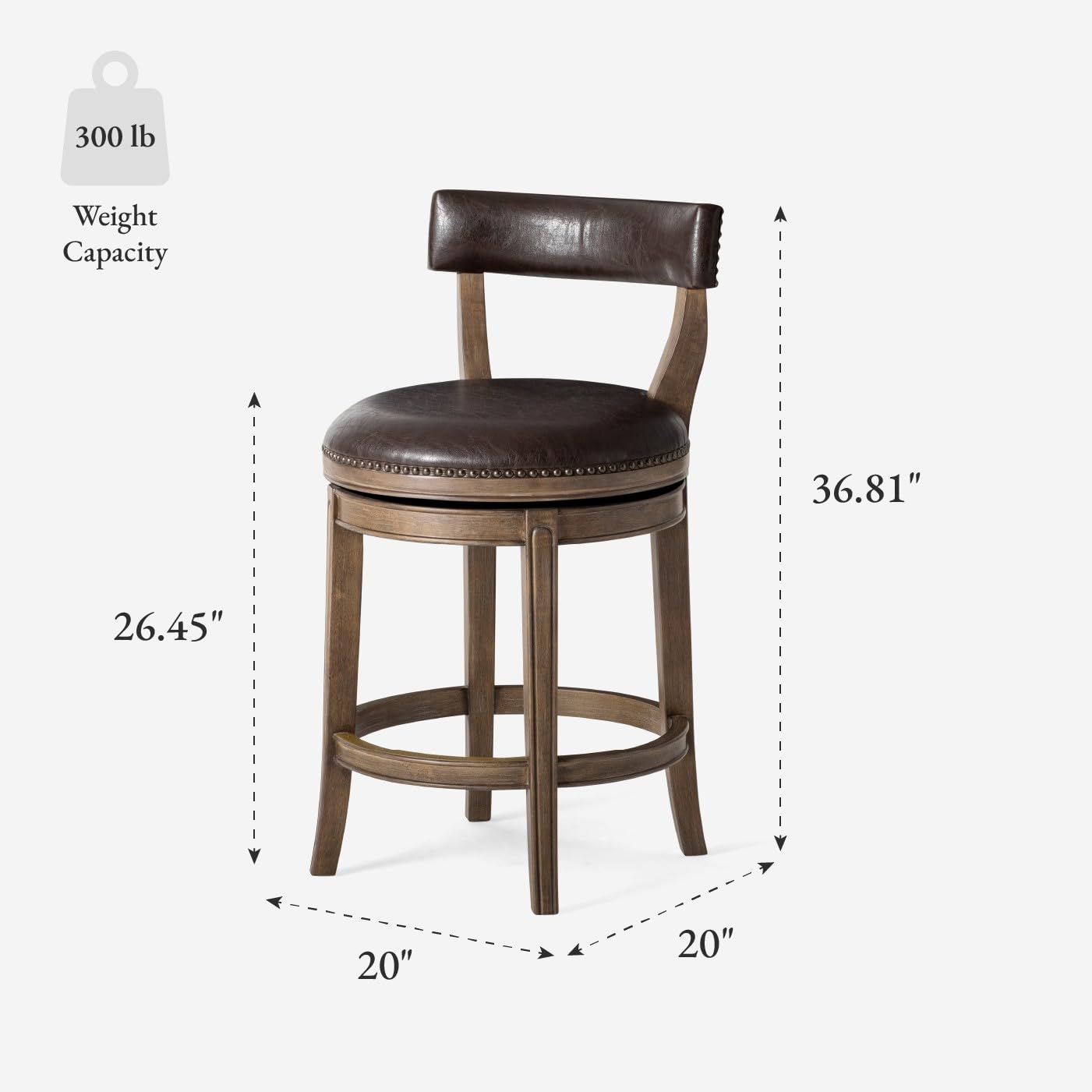 Maven Lane Alexander Counter Stool 26 Inches – Swivel Stool with Footrest – Brown Solid Wood and Brown Faux Leather Upholstery – Perfect for Kitchen Island and Counter