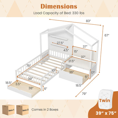 Giantex Twin House Bed for Kids, Wooden Kids Twin Bed Frame with Padded Bench, Floating Bookcase & 2 Rolling Storage Drawers, Wooden Montessori House Bed for Girls Boys, No Box Spring Needed, White