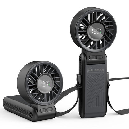 K-RUNMAN Portable Handheld Fan, 4000mAh Rechargeable, 6 Speed Settings, LCD Display, 3-in-1 Foldable Mini Desk Fan with Lanyard (BLACK)
