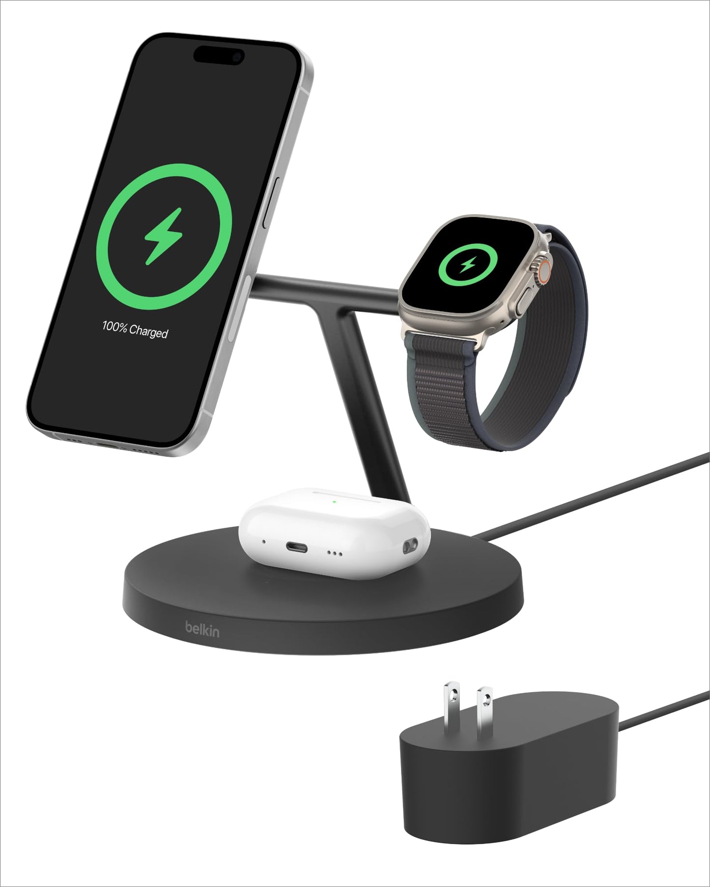 Belkin MagSafe-Compatible Charger, 3-in-1 Wireless Charging Station, Qi2-Certified 15W Wireless Charge for Apple iPhone 17 Series, Apple Watch, AirPods w/Non-Slip Base, 40W Included - Black