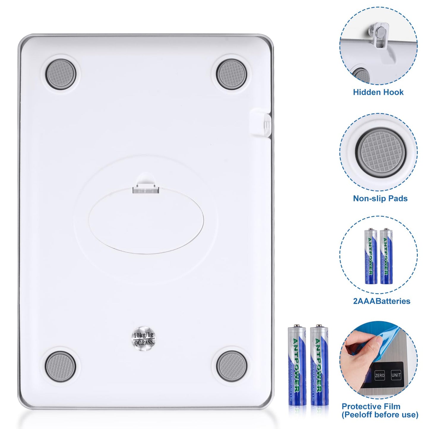 Girwu Food Scale, 22lb Digital Kitchen Scale with 1g/0.1oz Accuracy, 5 Units (g/kg/lb:oz/ml/fl.oz), Backlit LCD, 9x6.3x0.8 Inch Stainless Steel Panel, Hidden Hook, Batteries Included