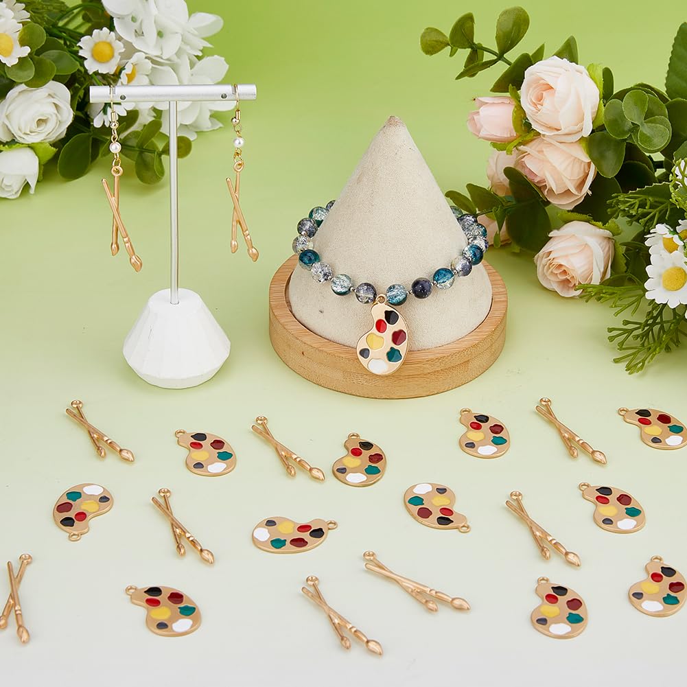 DICOSMETIC 24Pcs 2 Styles Artist Paint Charms Alloy Paint Brush Palette Charms Matte Gold Enamel Art Paintbrush Charm Art Teacher Gifts for DIY Necklace Earring Jewelry Making