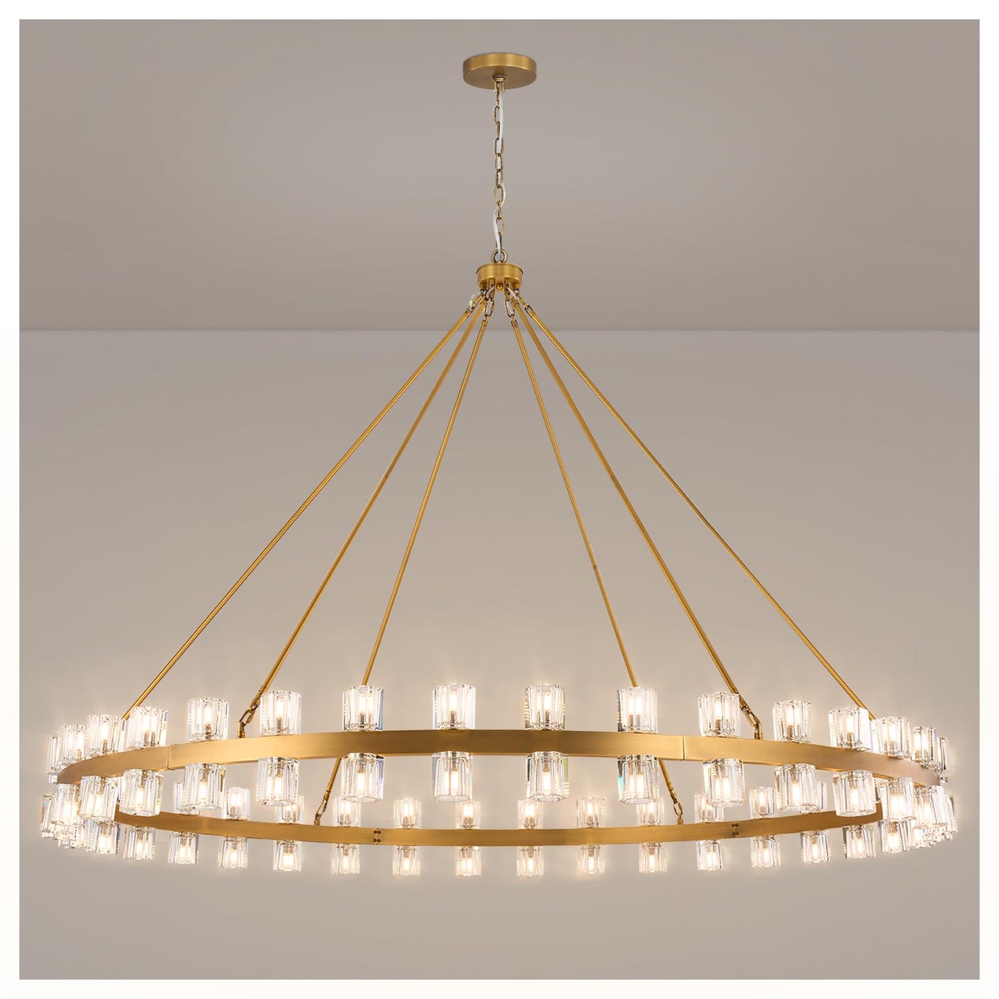 AEULYTIR 70 Inch Gold Wagon Wheel Chandelier with Crystal Shade, 72 Lights, Modern Farmhouse Style, Ideal for Dining Room, Kitchen, Entryways