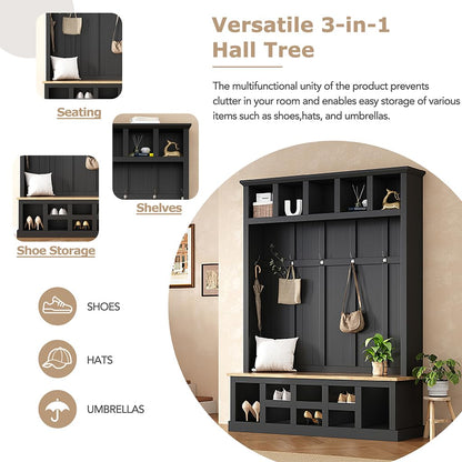 Hall Tree with Bench and Shoe Storage, 3-in-1 Entryway Furniture with Shoe Bench, 13 Open Compartments and 6 Hooks, Multifunction Hall Tree for Hallway, Entryway, Bedroom, 18"D x 59"W x 78.8"H,Black