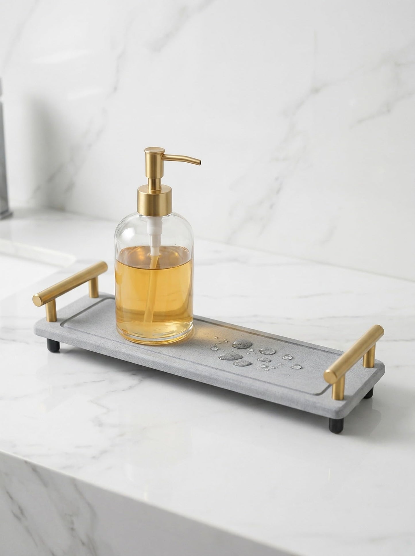 Instant Dry Sink Caddy Organizer,Diatomaceous Earth Bathroom Organizer with Handle Water Absorbing Stone Tray for Sink Water Absorbent Diatomite Coasters (S Gray Gold Handle)