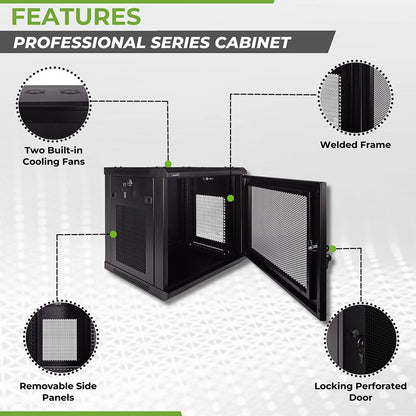 NavePoint 9U Server Rack Enclosure - 17.7” Deep, Wall Mount Network Cabinet with Locking Perforated Door, 19” IT Equipment Compatible, Network Rack, Removable Side Panels, Black