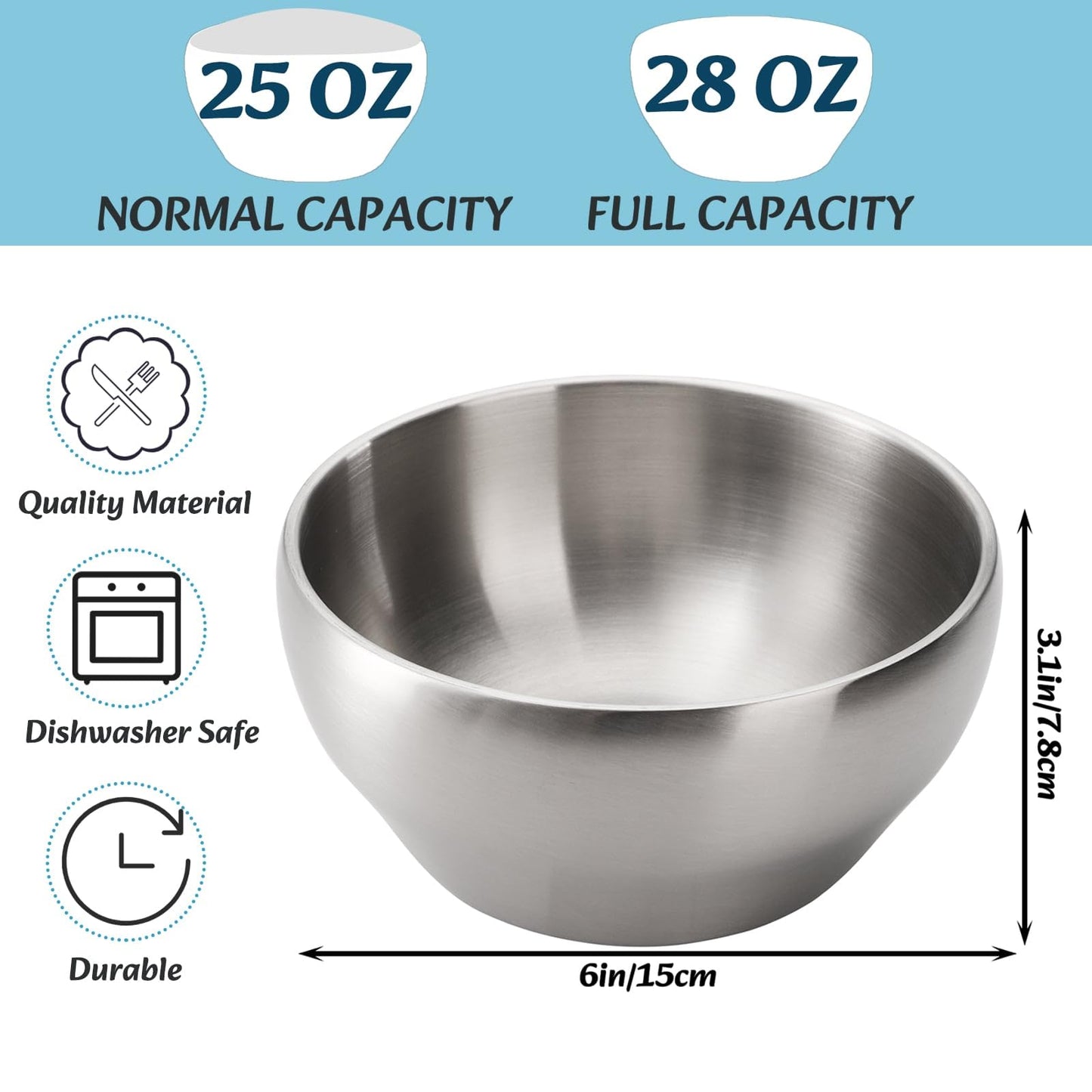 Youeon 3 Pack 28 Oz SUS304 Brushed Stainless Steel Bowls, Double Wall Insulated Bowls, Stainless Steel Soup Bowl for Cereal, Ice Cream, Noodle, 6 Inch Bowl Set for Serving, Dishwasher Safe