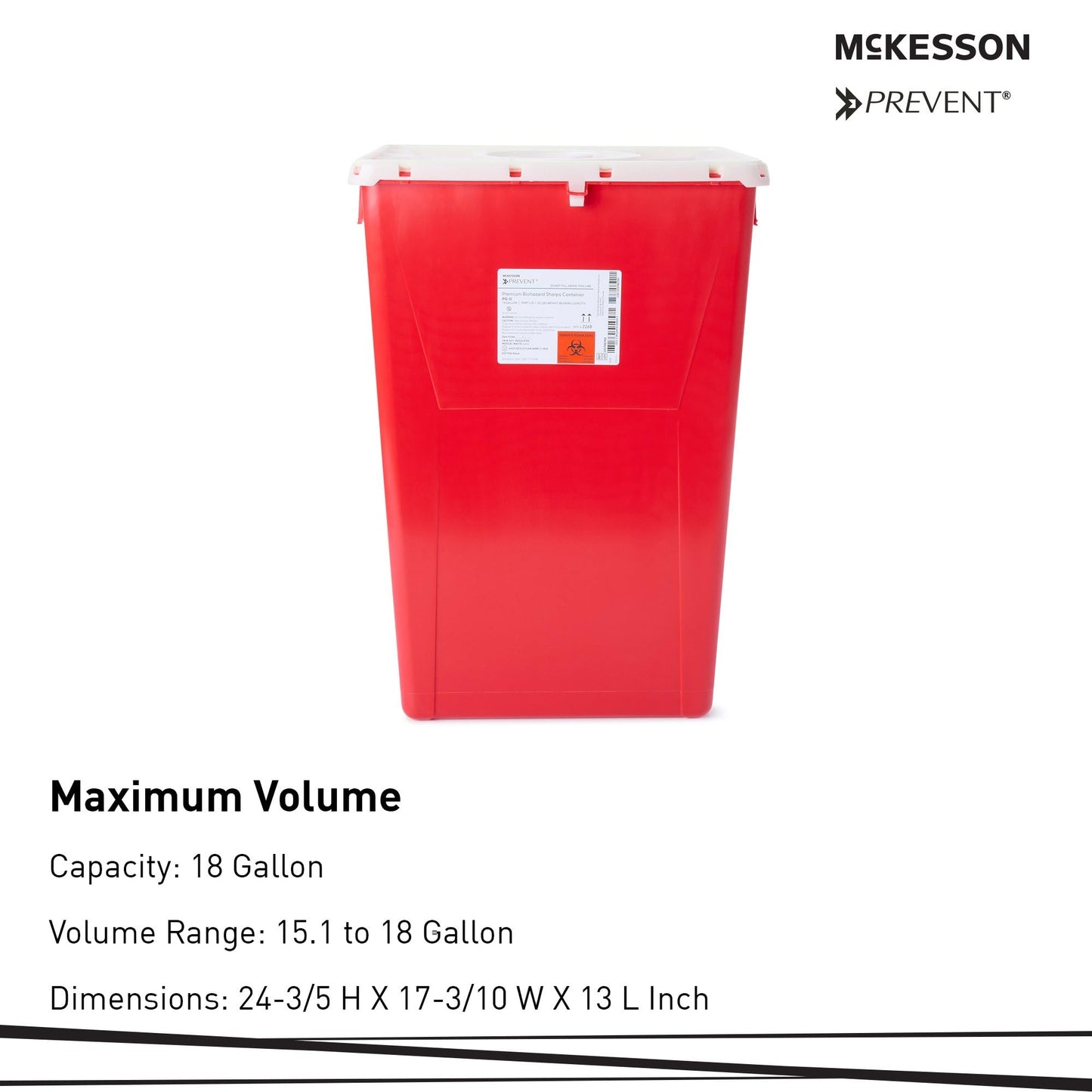 McKesson Prevent Premium Biohazard Sharps Container - Vertical Entry, Rotating Lid - Red and White, 18 gal, 13 in x 17 3/10 in x 24 3/5 in, 7 Count