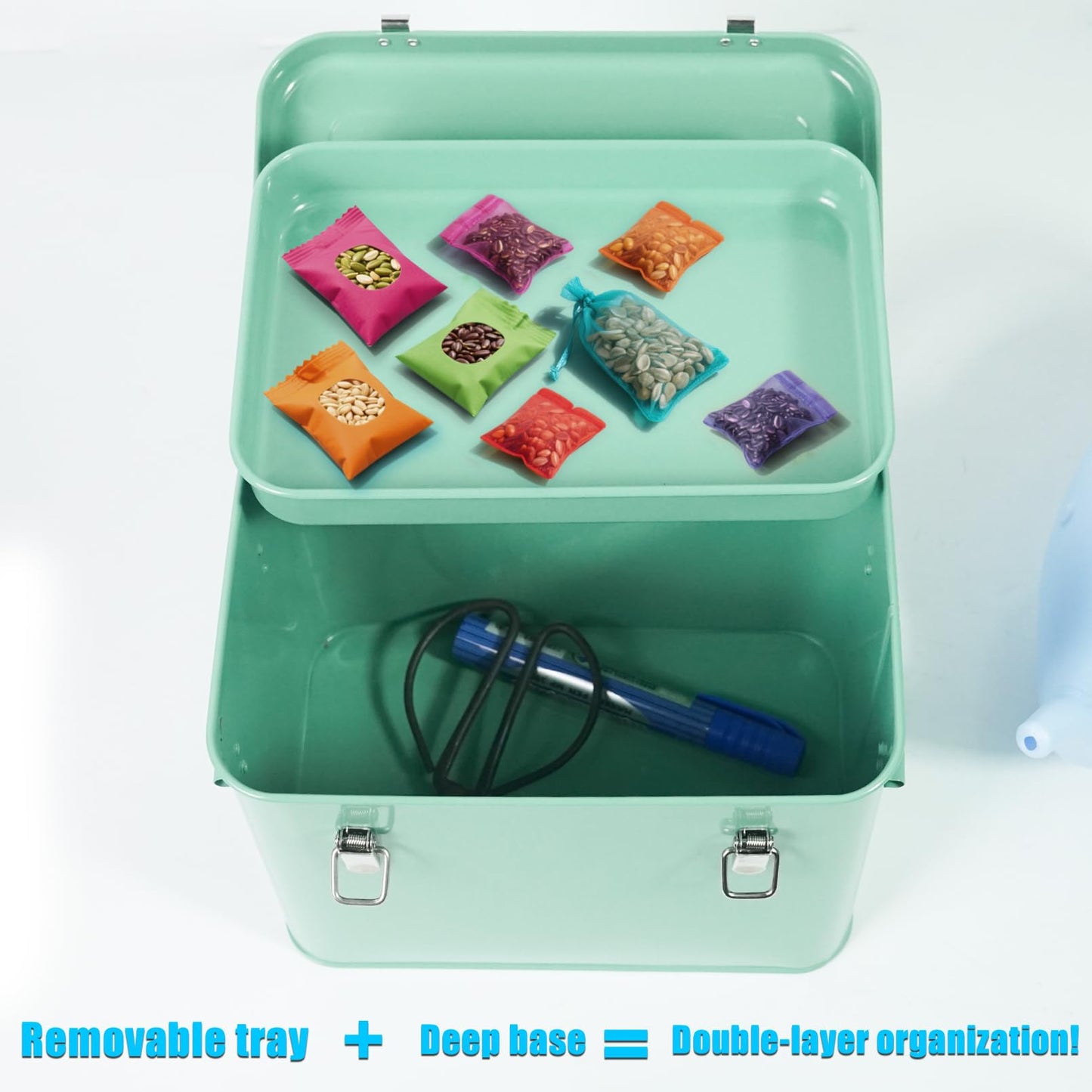 Luwint Seed Storage Organizer, Metal Saving Box Container with Removable Tray, Small Storage Box with Lid for Seeds, Keepsakes, Mini Tools