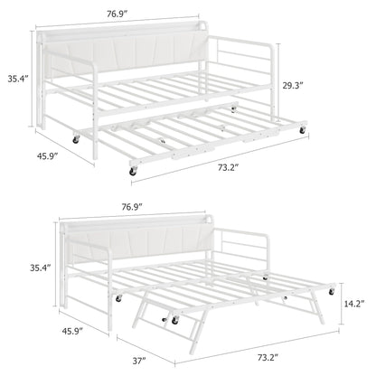 Garvee Twin Daybed with Trundle, Charging Station and LED Light, Linen Upholstered Storage Headboard, Heavy Duty Metal Bed Frame with Pop Up Trundle Bed for Living Room, Bedroom, and Guest Room, White