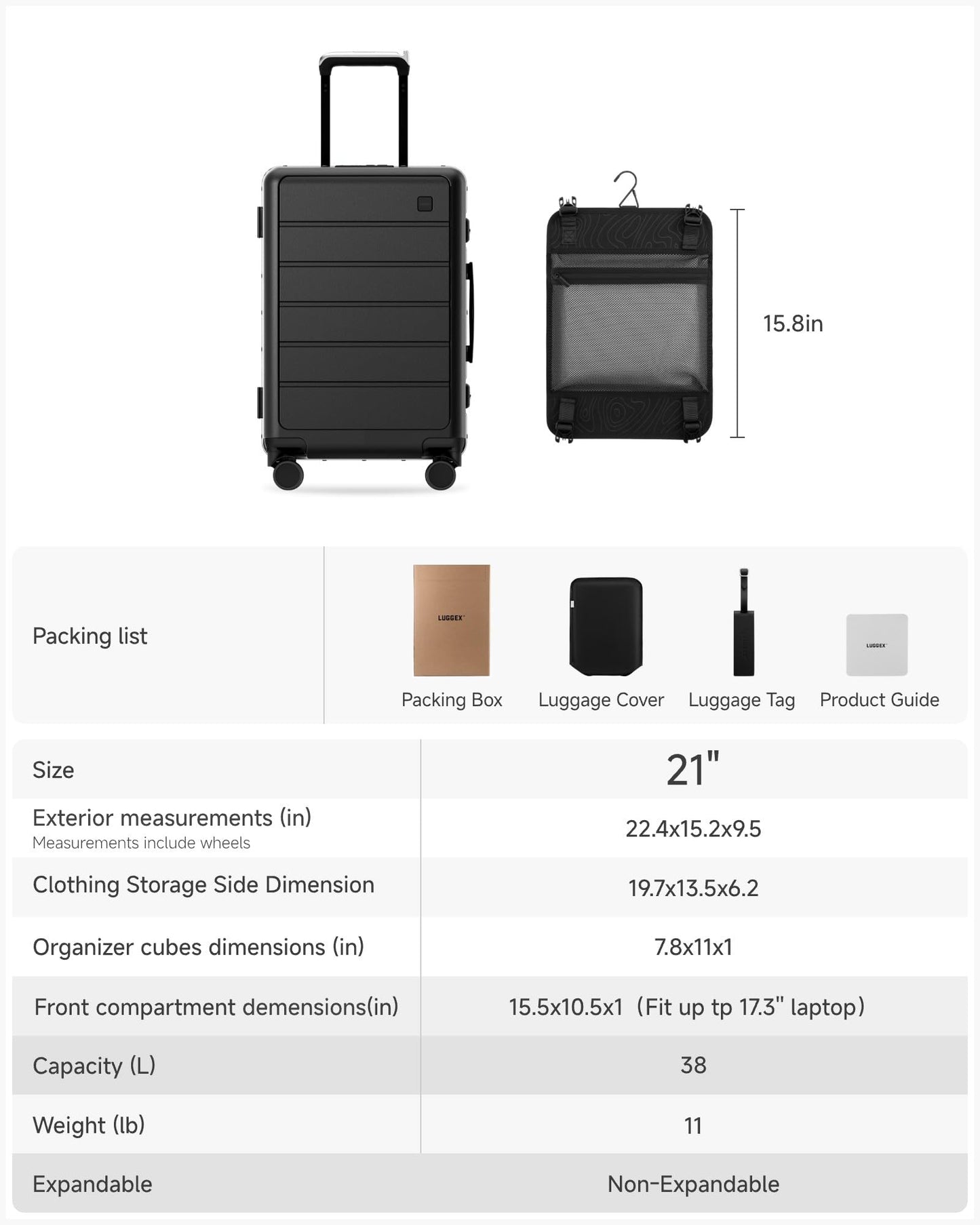LUGGEX 21 Inch Zipperless Carry On Luggage - HUP Pro Front Opening Compartment Suitcase with Spinner Wheels, 38L Capacity, TSA Locks, Airline Approved for Business Travel(ZX-Pro, Black)