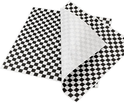 100 Sheets Checkered Dry Waxed Deli Paper Sheets for Plastic Food Basket, Wrapping Bread and Sandwiches (Black)