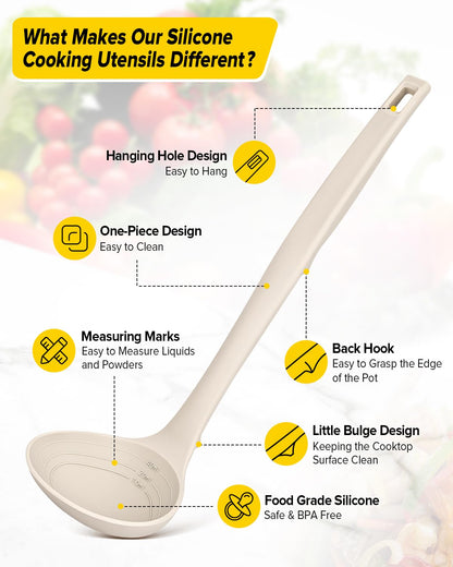 Silicone Pasta Fork and Soup Ladle Set, Heat Resistant Non Stick Kitchen Utensils with Back Hooks, Suitable for Cooking, Stirring, Serving Spaghetti, Soup, Sauce(KHAKI)