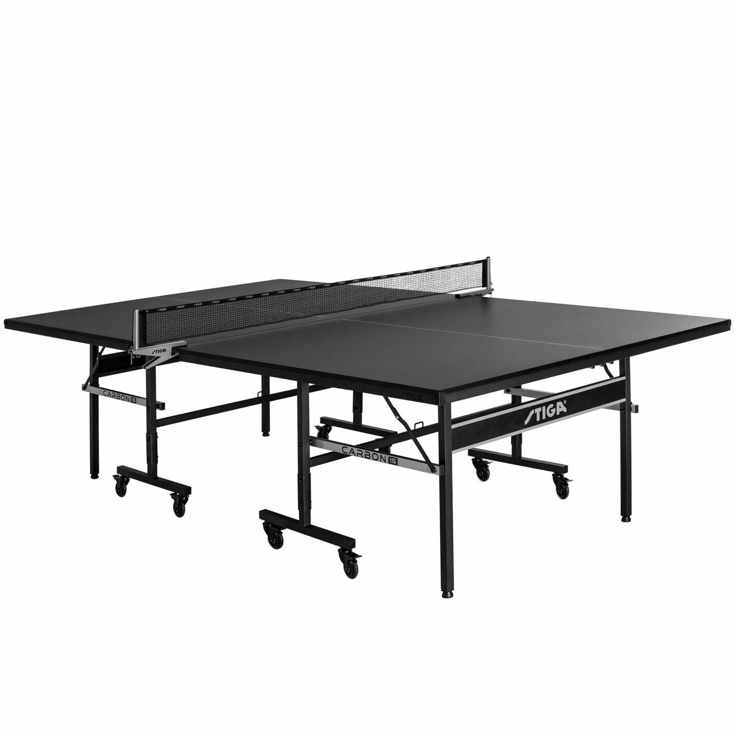 STIGA Carbon Series Indoor Ping Pong Tables with 15mm - 18mm Performance Top, QuickPlay Assembly, Built-in Ball Storage, Foldable Playback Mode & Lockable Casters