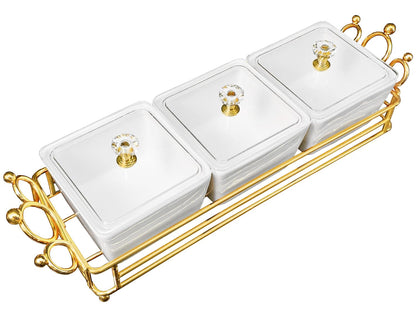 YA JU Ceramic Bowls and with Lid Gold Basket Trays, 3 Removable Small Bowls Condiment Trays Nut Serving Set for Snacks, Fruits, Candy and Condiments - Great for Parties, Holiday Gifts, White