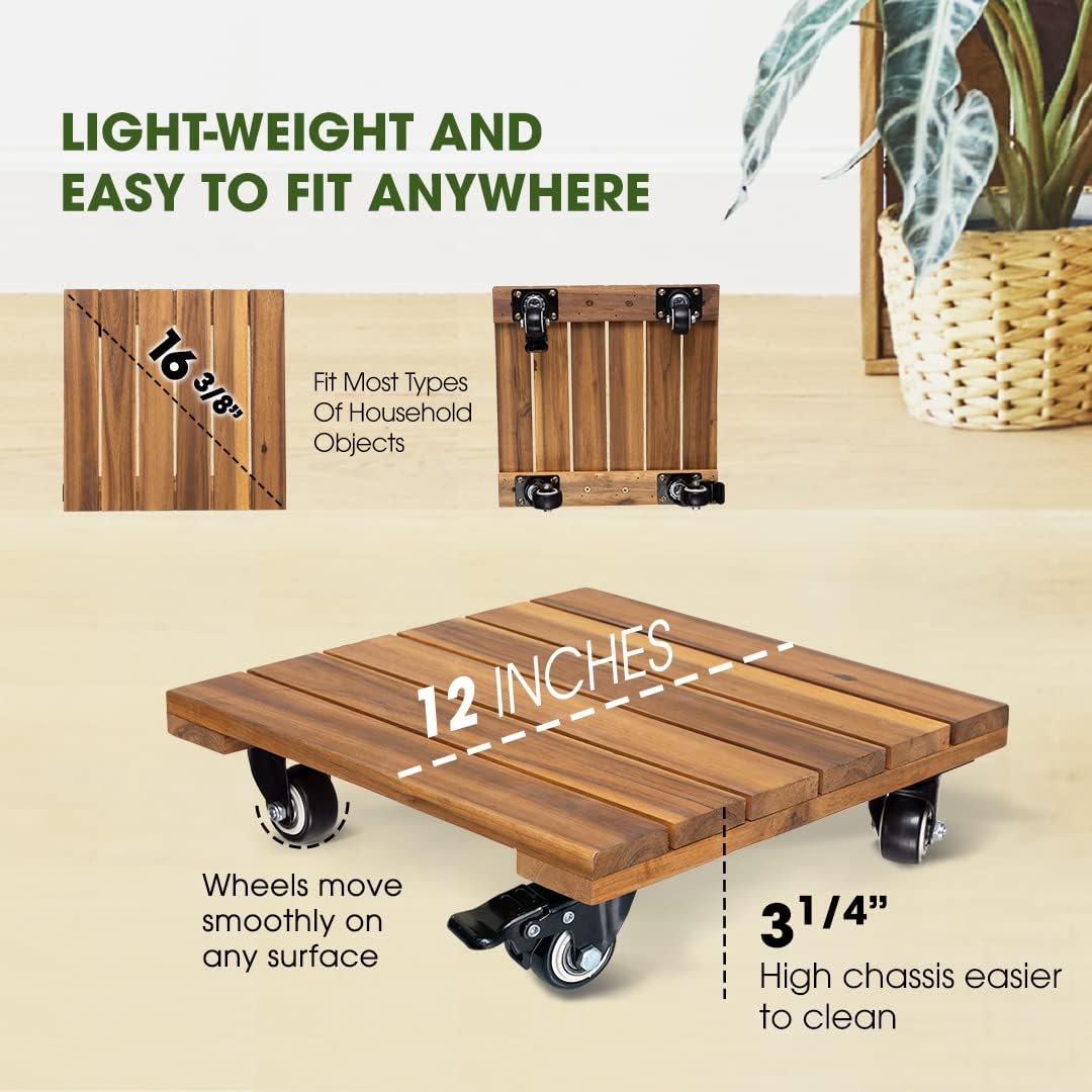 2pack 264 Lbs 12 Inch 360 Wood Plant Caddy With Wheels Heavy Duty, Capacity, Upgraded Acacia Hardwood Plant Dolly