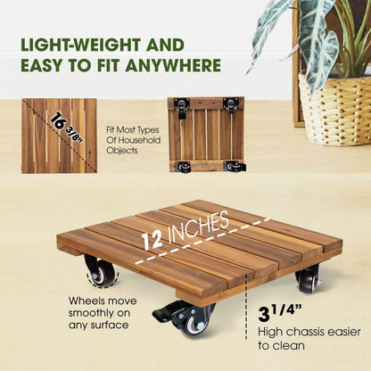 2pack 264 Lbs 12 Inch 360 Wood Plant Caddy With Wheels Heavy Duty, Capacity, Upgraded Acacia Hardwood Plant Dolly