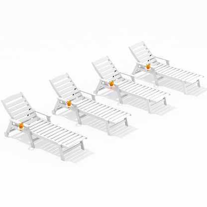 SERWALL Patio Chaise Lounge Chair Set of 4, 5 Positions Adjustable Poly Outdoor Lounger for Pool, HDPE Lounge Chair with Rolling Wheels & Cup Holder for Poolside, Deck, White