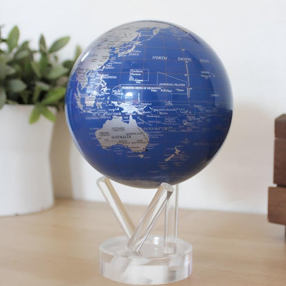 MOVA Globe - Royal Blue and Silver Classic (4.5") | Solar-Powered Spinning Decor for Desk | Self-Rotating Modern Earth Globe | No Batteries Required