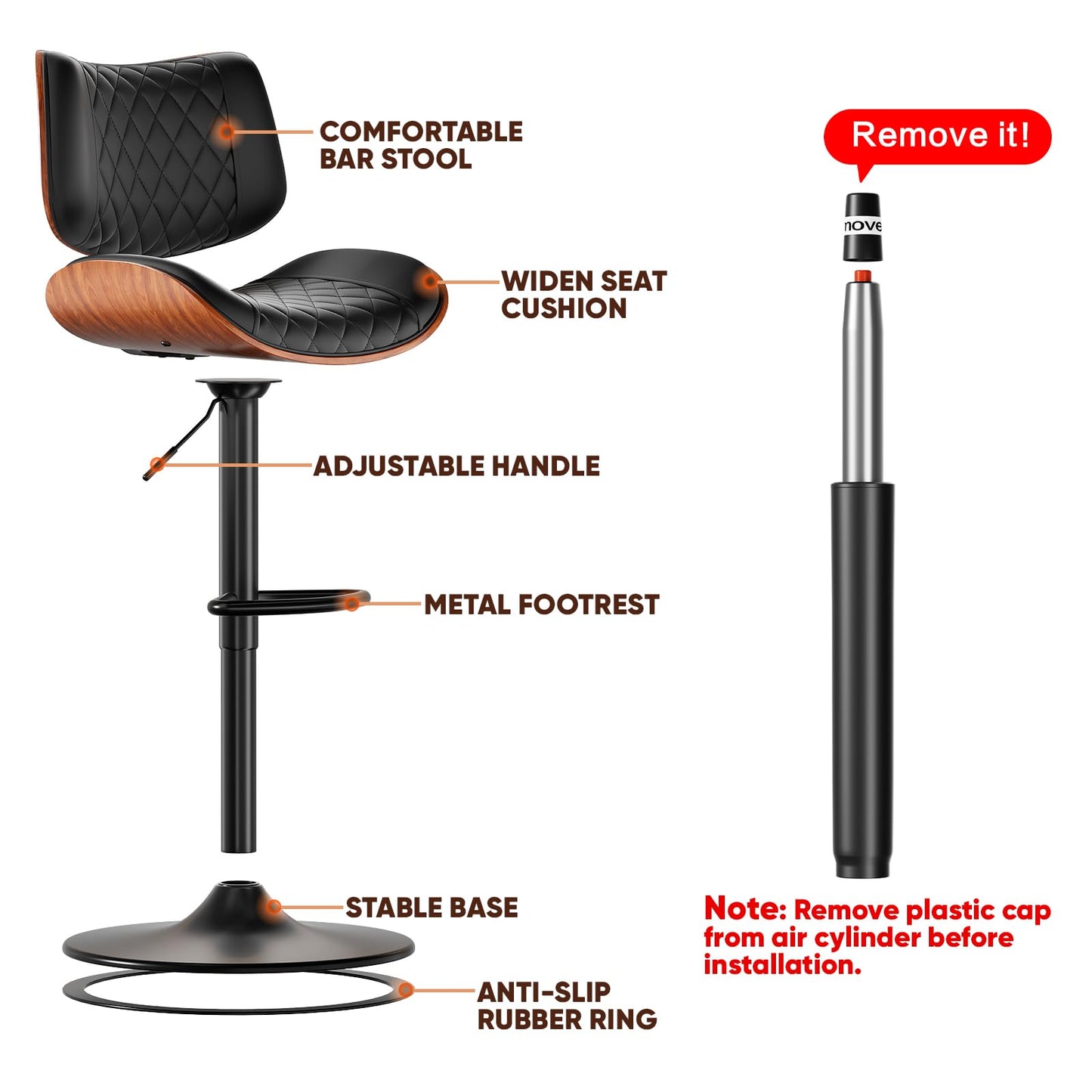 FervorFurn Swivel Bar Stools Set of 3, Adjustable Bar Stool for Kitchen Island, Mid-Century Modern PU Leather Counter Height Bar Stools with Back and Footrest, Easy Assembly, Black