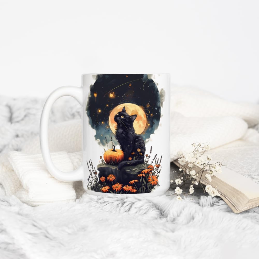 Mystical Black Cat Full Moon Coffee Mug, Witchy Halloween Cup, Spooky Autumn Season Aesthetic (15oz)