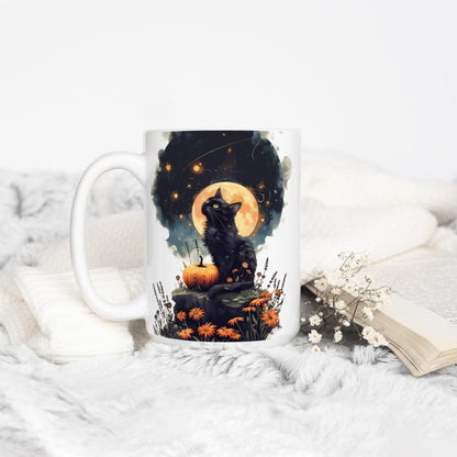 Mystical Black Cat Full Moon Coffee Mug, Witchy Halloween Cup, Spooky Autumn Season Aesthetic (15oz)