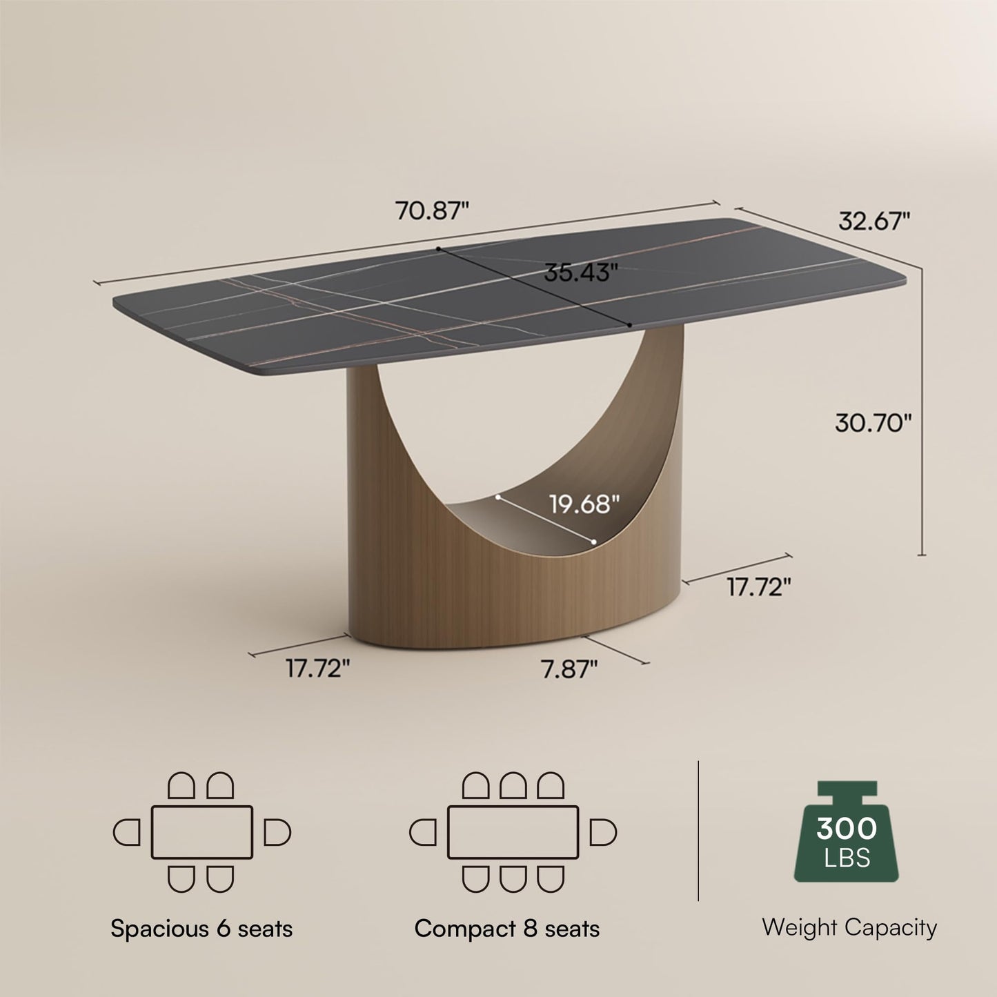 POVISON 71" Modern Dining Table for 6, Matte Black Heavy-Duty Dining Table, Sintered Stone Dining Tabletop with Bronze Carbon Steel Pedestal, 71 inch Rectangle Dining Room Table (Table Only)