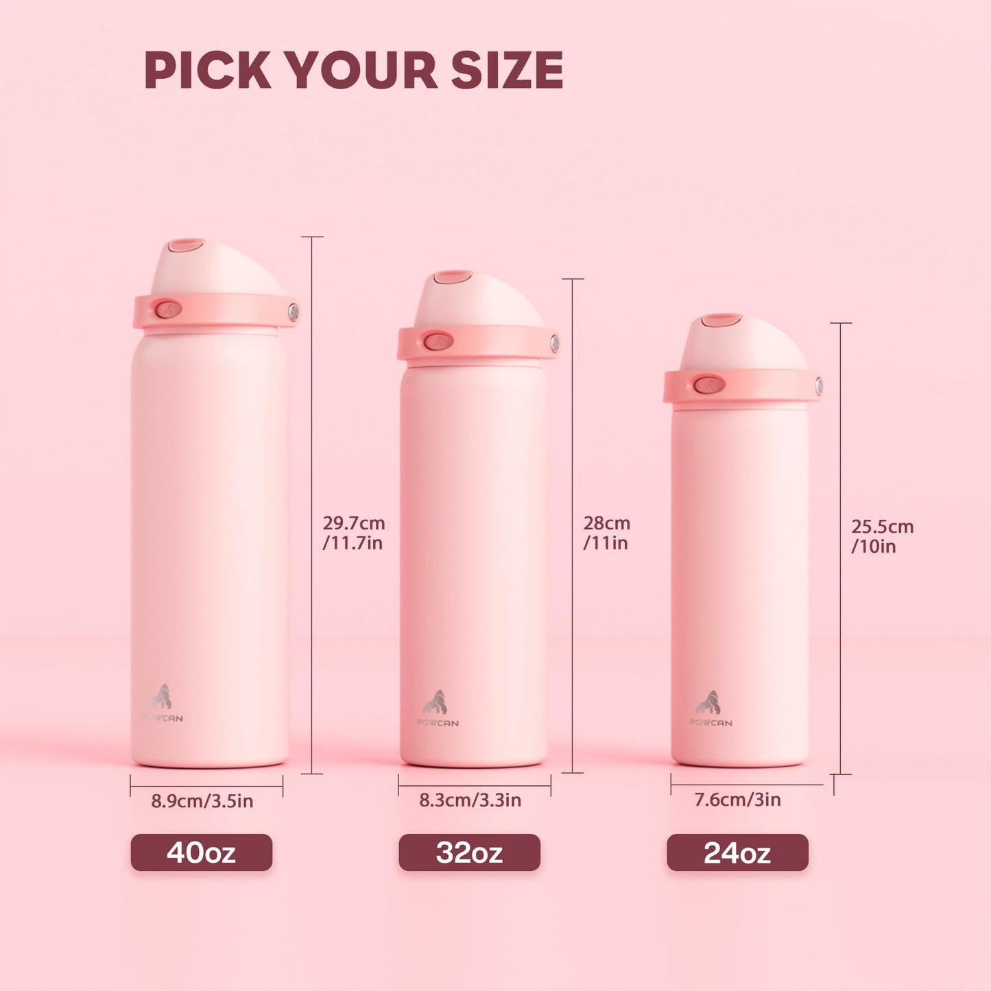 POWCAN 24 oz Insulated Water Bottle for Sports: 2-in-1 Lid with Push-Button Spout & Quick-Flip Straw, Leakproof, Car Cupholder Friendly, Stainless Steel for Gym, School, Travel (Cotton Candy)