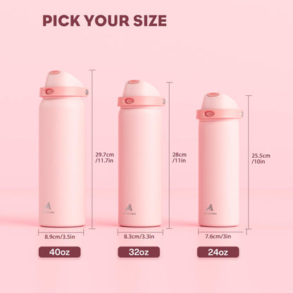 POWCAN 24 oz Insulated Water Bottle for Sports: 2-in-1 Lid with Push-Button Spout & Quick-Flip Straw, Leakproof, Car Cupholder Friendly, Stainless Steel for Gym, School, Travel (Cotton Candy)