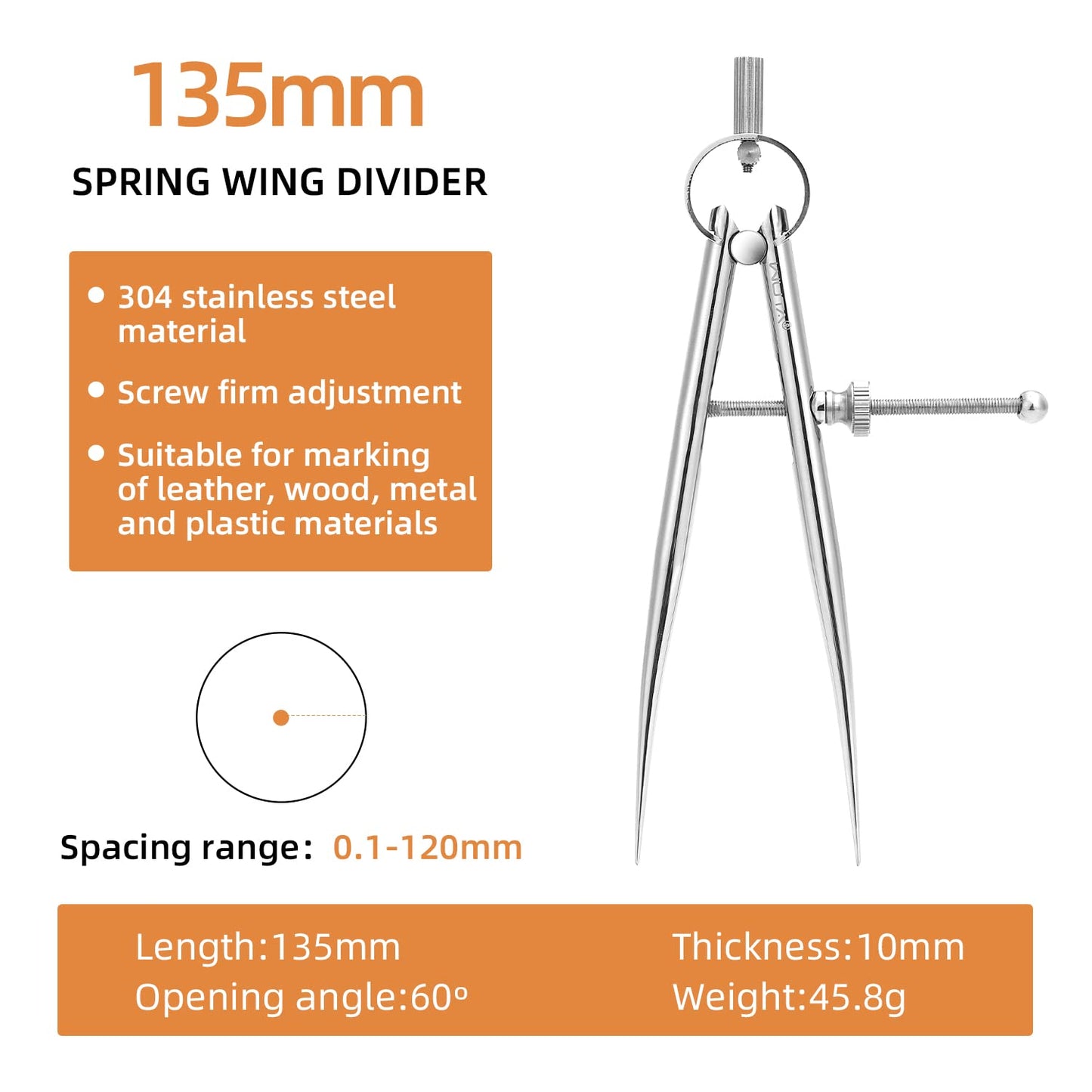 WUTA Spring Wing Divider 304 Stainless Steel Precision Scriber Caliper Tool Metal Dividers Adjustable Spacing Compass High Polished Round Leg for Drawing Circles, Leather Craft, Jewelry (Large