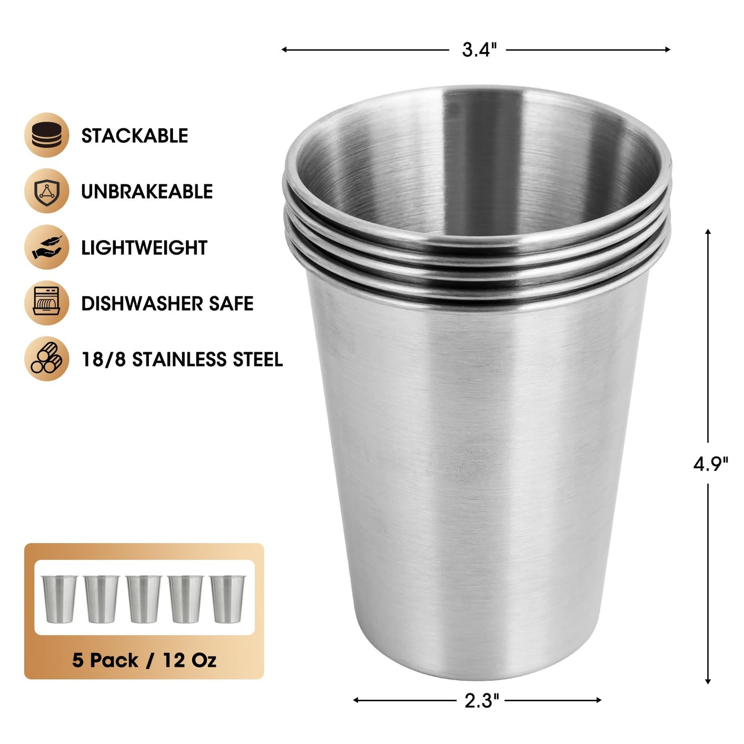 Qrooper Stainless Steel Cups, 12 Oz Metal Drinking Glasses for Kids and Adults, Metal Pint Cup Tumblers, Set of 5, Unbreakable and Stackable