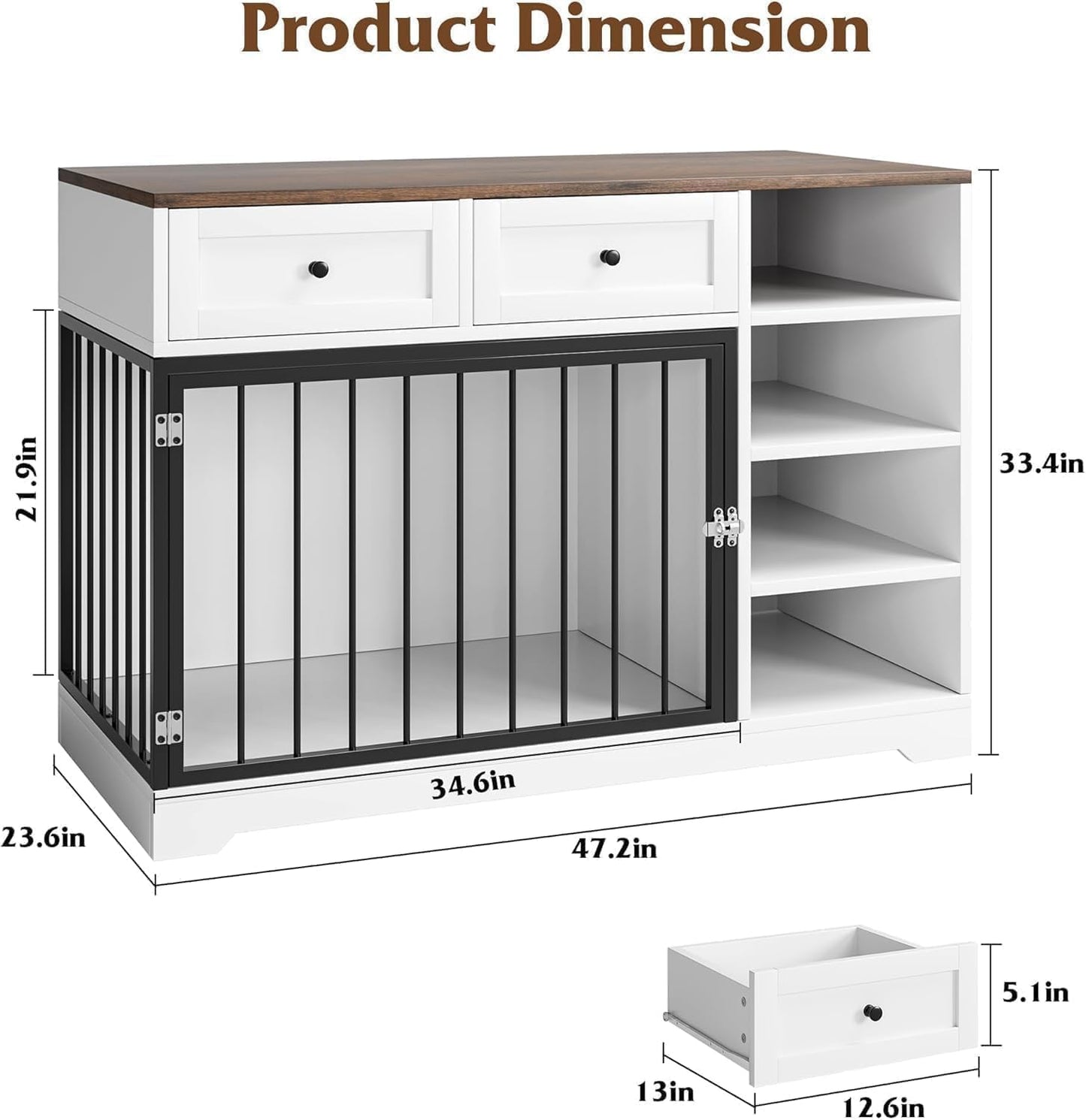 Garvee 47 in Dog Crate Furniture with 2 Storage Drawers, 4 Deep Shelves, Farmhouse Extra Large Wooden Dogs Cage End Table, Multi-Functional Indoor Dog Kennel for Large Medium Dogs