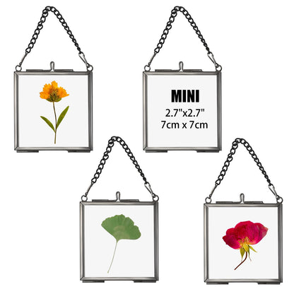 JUXYES 4 Pack Wall Hanging Mini Brass Glass Ornament Frames, Square Floater Picture Artwork Display Frame, Double Glass Floating Tiny Frames Gallery Wall Frame for Photo, Picture, Pressed Flower, Black