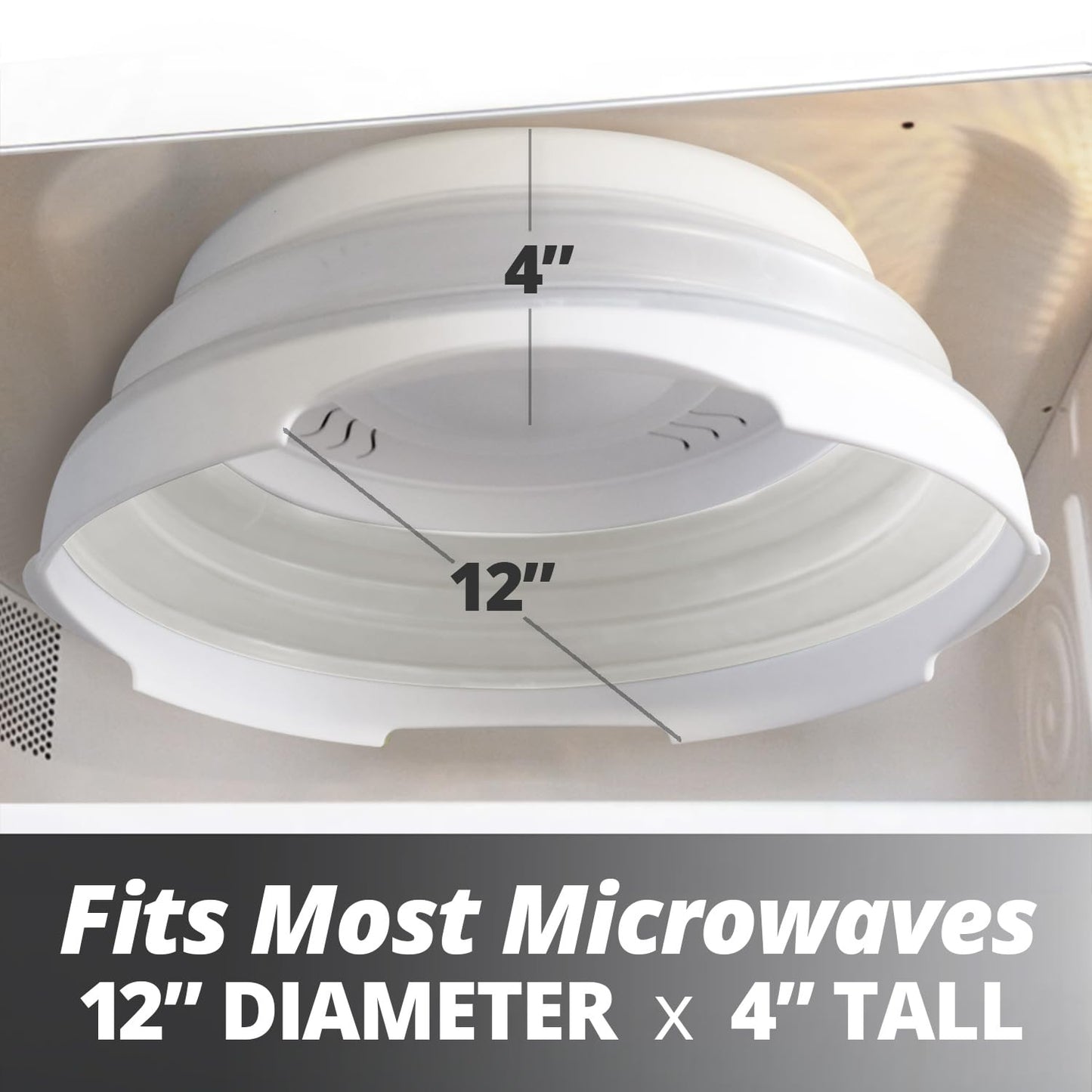 HOVER COVER Magnetic Microwave Splatter Cover with High Power, Strongest Magnetic Grip, Collapsible 12-Inch BPA-Free Food Lid, Vented Plate Guard, Dishwasher Safe, Space-Saving Storage - White