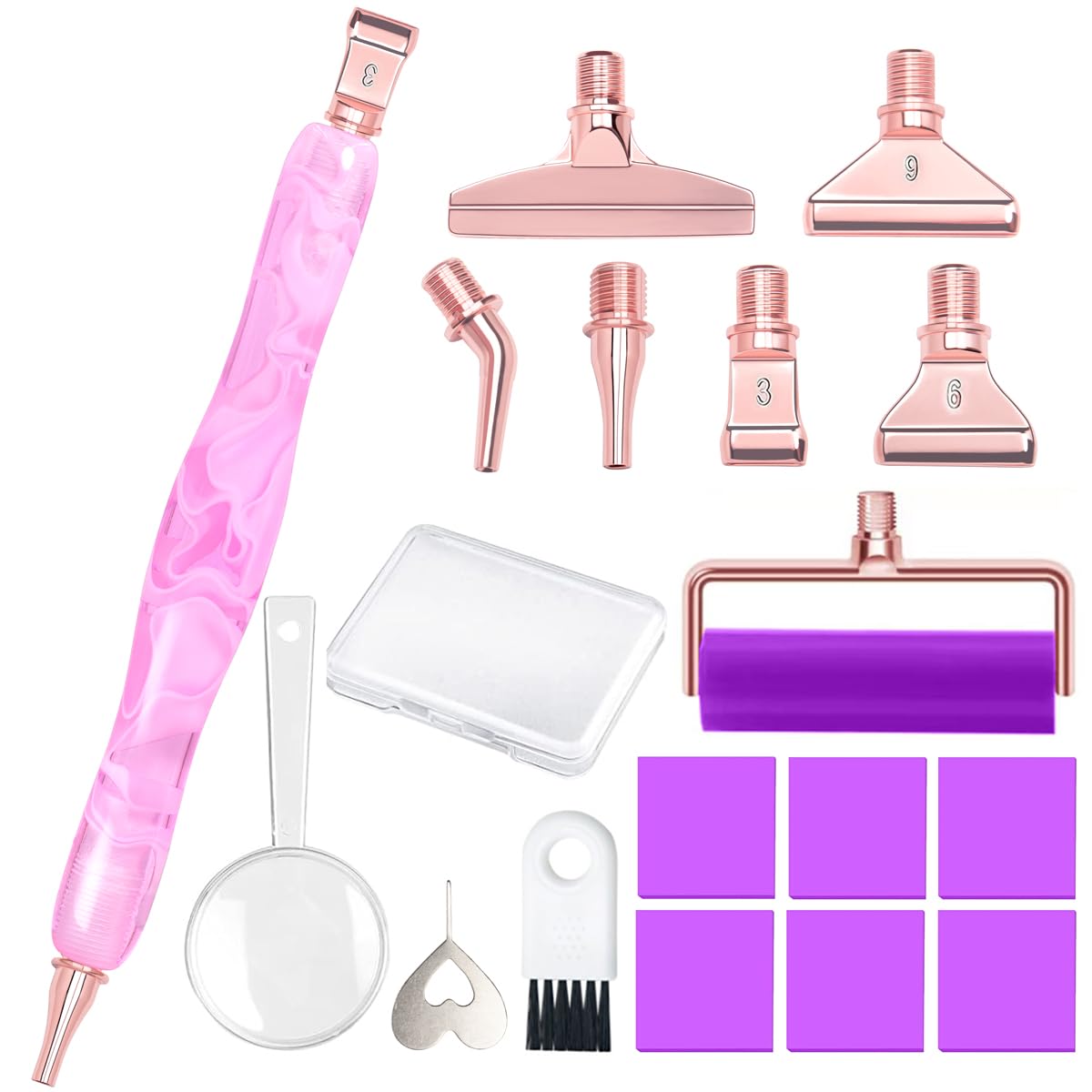 Praise V Do Ergonomic Diamond Painting Art Drill Bead Dot Pen Kit with Screw Steel Silver Metal Tip Nibs Placers Roller Tool Accessories for 5D Diamond Paint Pink