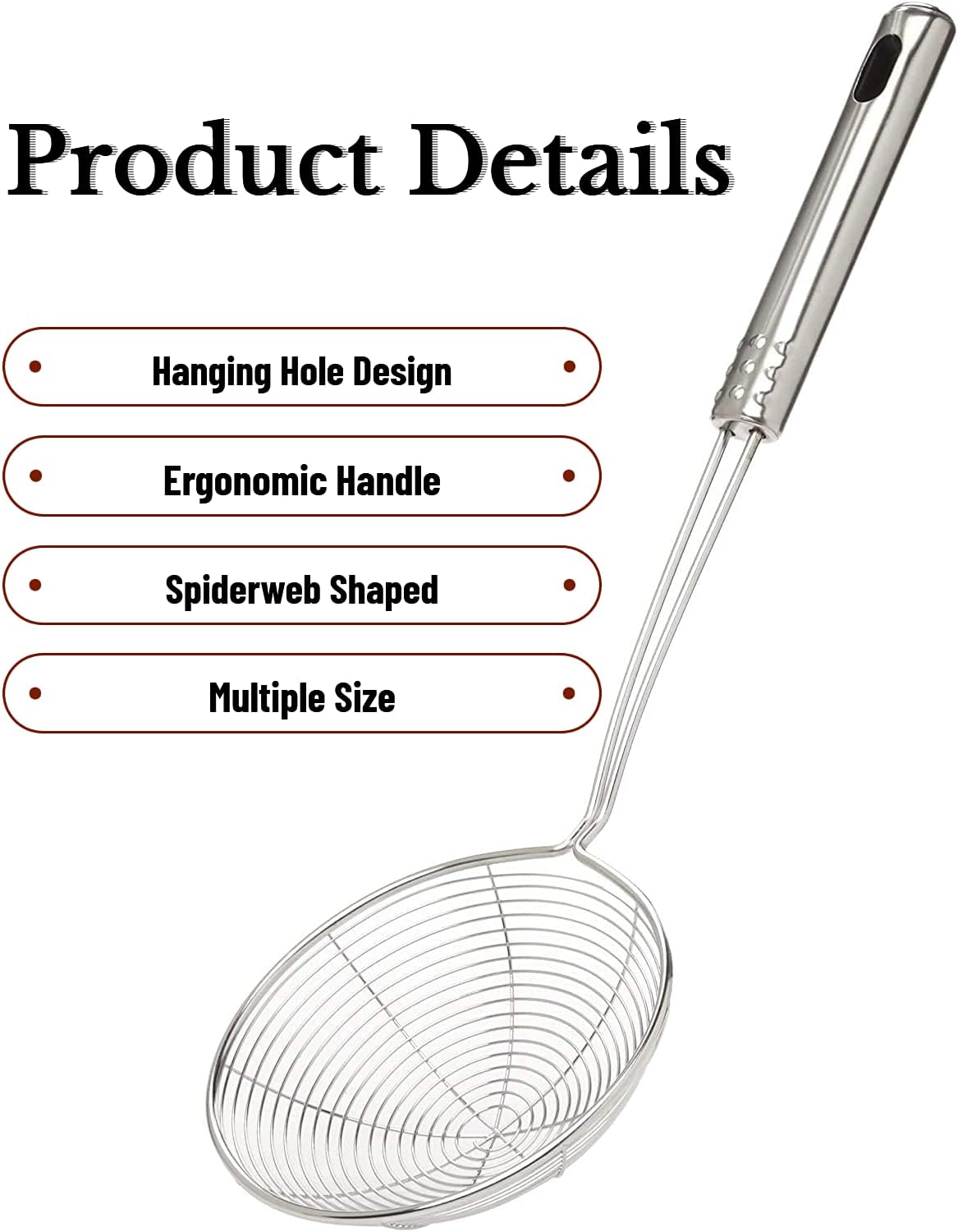 Spider Strainer Skimmer Spoon, Set of 3 Sizes, Stainless Steel Fryer Scoop, Wire Strainer Ladle for Cooking