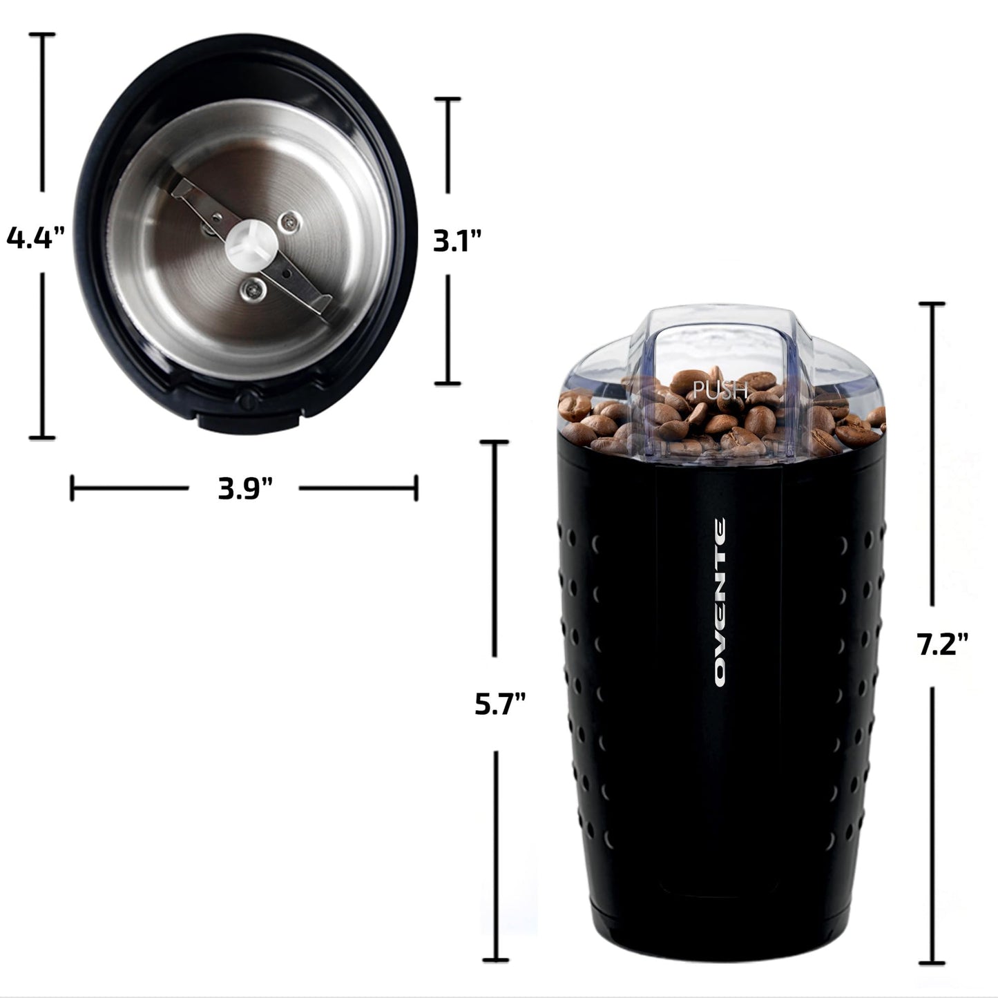 OVENTE Electric Coffee Grinder, Coffee Mill and Spice Grinder with 2.5oz Capacity, 150W Motor, One Touch Push-Button & Stainless Steel Blades for Uniform Grinding of Beans, Herb or Nuts, Black CG225B