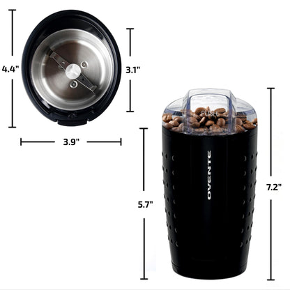 OVENTE Electric Coffee Grinder, Coffee Mill and Spice Grinder with 2.5oz Capacity, 150W Motor, One Touch Push-Button & Stainless Steel Blades for Uniform Grinding of Beans, Herb or Nuts, Black CG225B