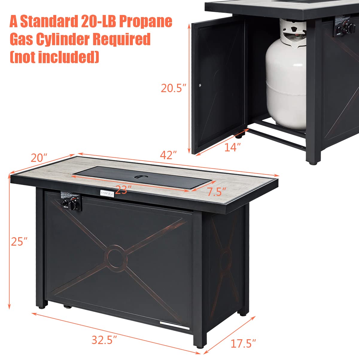 COSTWAY 42" Propane Fire Pit Table, 60,000 BTU Outdoor Rectangle Gas Fire Table W/Ceramic Tabletop, Lava Rock & PVC Cover Included, Stainless Steel Burner, Ideal for Backyard, Poolside