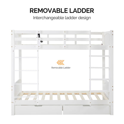 VINGLI Bunk Bed Twin Over Twin with 2 Storage Drawers/RGB LED/Charging Station, Solid Wood Bunk Bed Frame with 15 inches High Safety Guardrail and Ladders for Kids, White