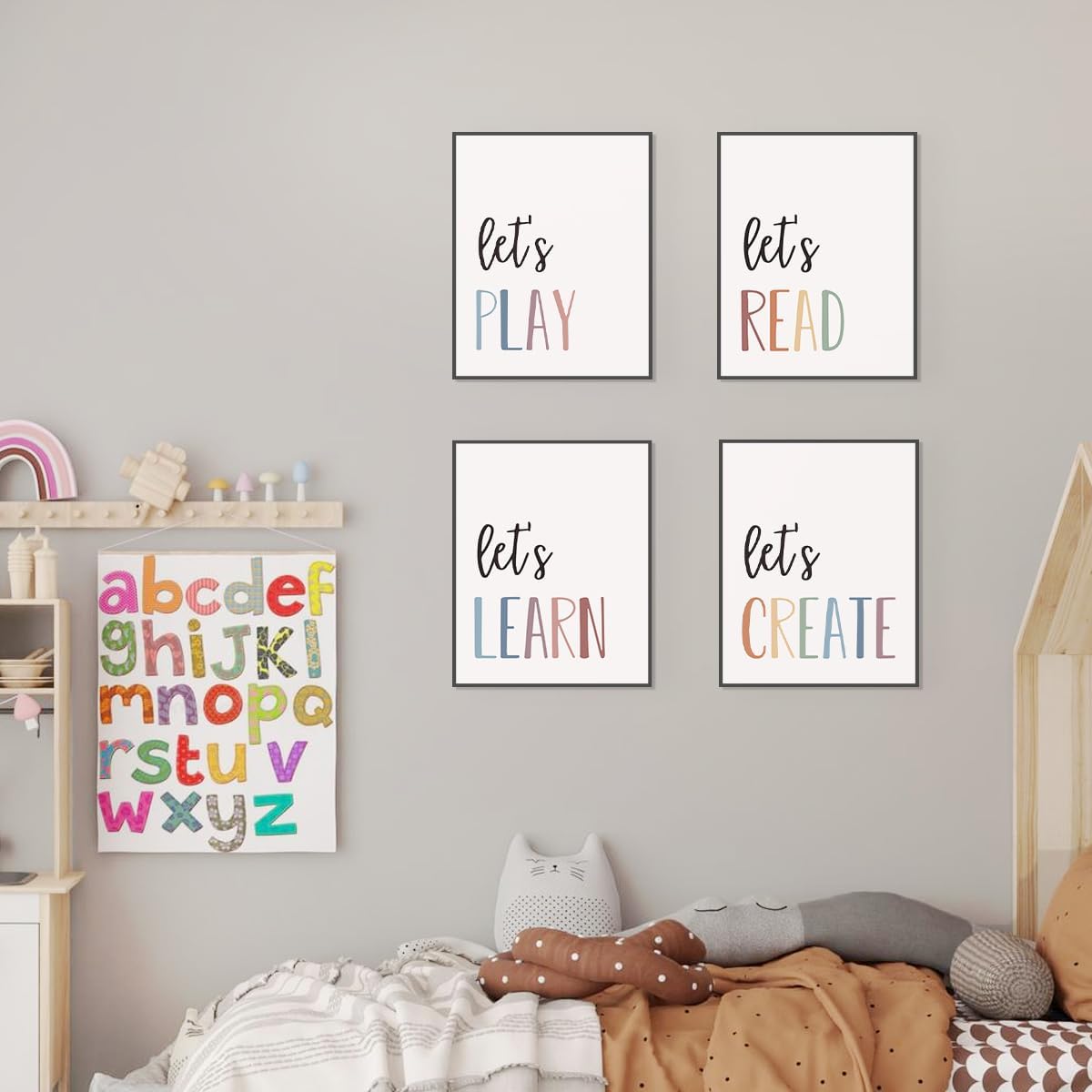 Set 4 PLKMN Let's Play Read Wall Art Prints Decor of - Play Room Essentials, Boho Neutral Let's Learn Let's Create
