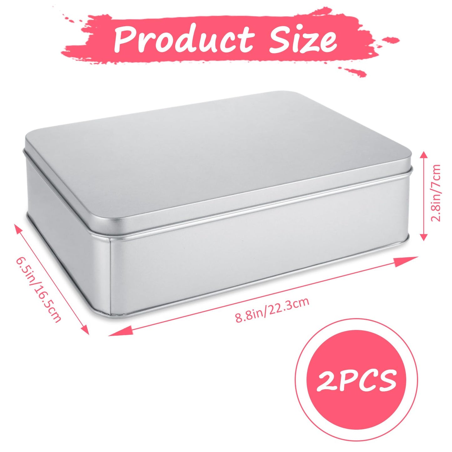 2Pcs Metal Tin Box, 8.6”x 6.3”x 2.5”Rectangular Empty Tin Box Containers with Lids, Large Tinplate Containers for Home Organizer, Gifts, Cookies, Pencil Case, Car Keys, Craft Storage, Silver Tone