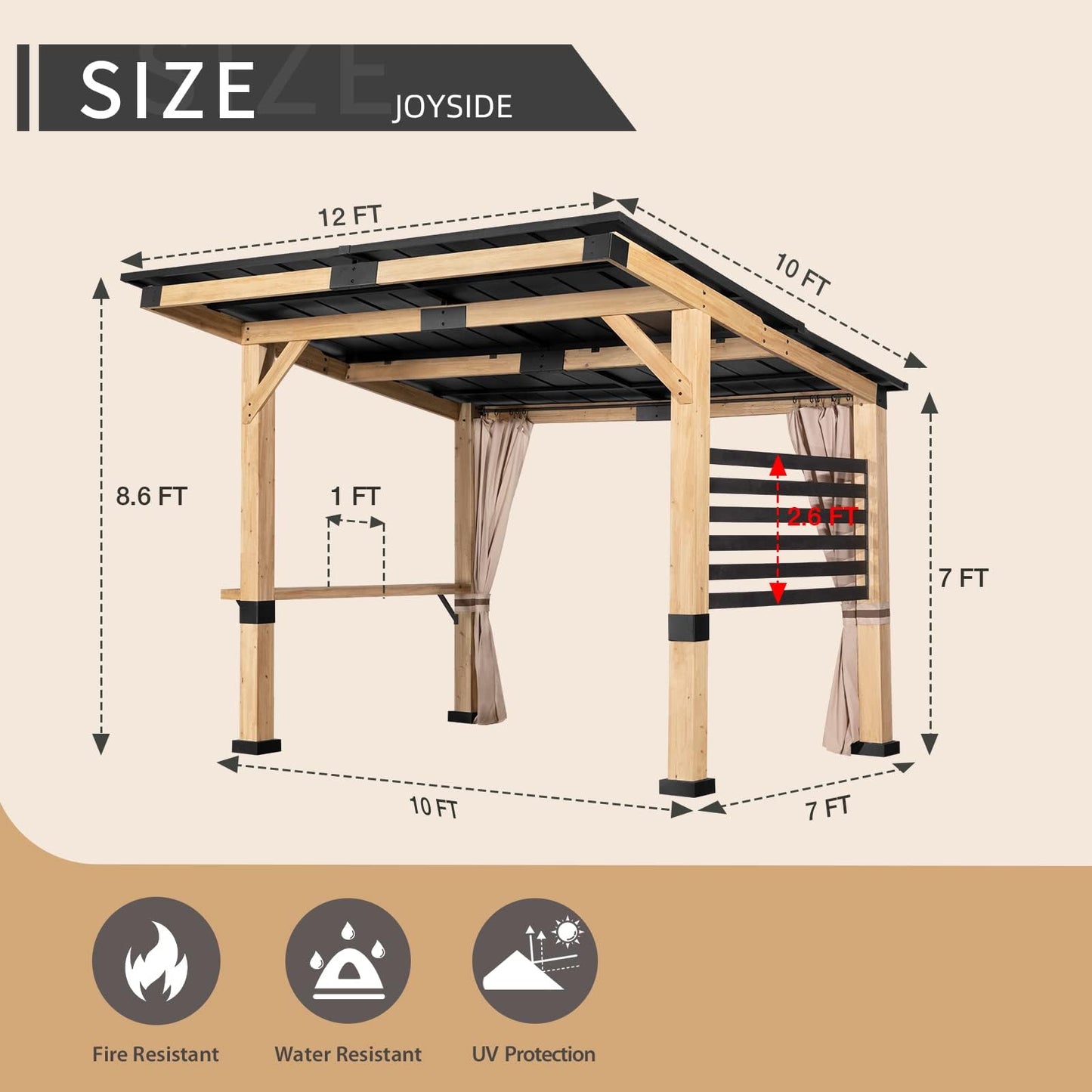 Joyside Cedar Wood Gazebo - 10 ft. x 12 ft. Patio Gazebo with Cedar Frame and Metal Steel Roof Panels, Hardtop for Lawn Deck and Parties