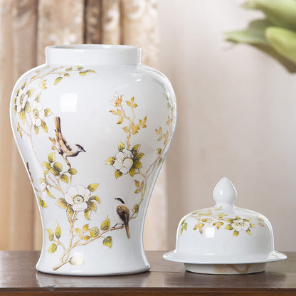 ZHOUXIAO White Ceramic Ginger Jar with Lid for Home Decor,Traditional Chinese Flowers and Birds Temple Jar, Jingdezhen Handcrafted Porcelain Vase Centerpiece Decor M