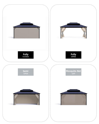 12x16 ft Hardtop Gazebo for All Weather, Double Metal Roof, Reinforced Aluminum Frame, Curtains & Netting, Permanent Outdoor Pavilion for Patio, Deck, Backyard, Lawn, Garden, Matte Black Finish