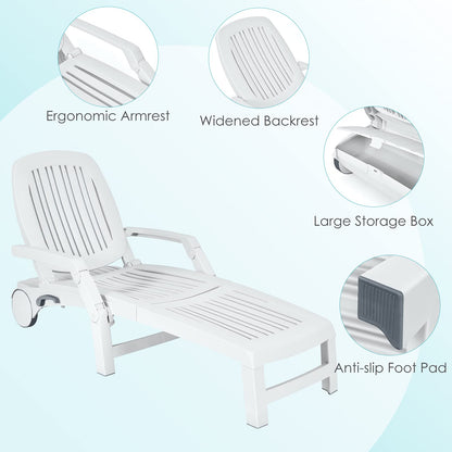 Tangkula Outdoor Chaise Lounge Chair, 5-Position Adjustable Recliner with Storage Box and Flexible Wheels, All-Weather Folding Patio Lounge Chair for Poolside, Beach and Backyard (2, White)