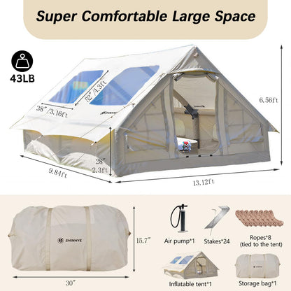 Inflatable Tent for Camping Large Blow Up Tent Glamping Tent 4-8 Person House, Easy Set up Waterproof Outdoor Oxford Tents, 4 Season Air Tents with Pump (130 sq ft Beige Air Tent)